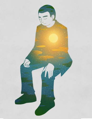 Ilustración de un hombre con un sol en el pecho. Amor. Chakra corazón.